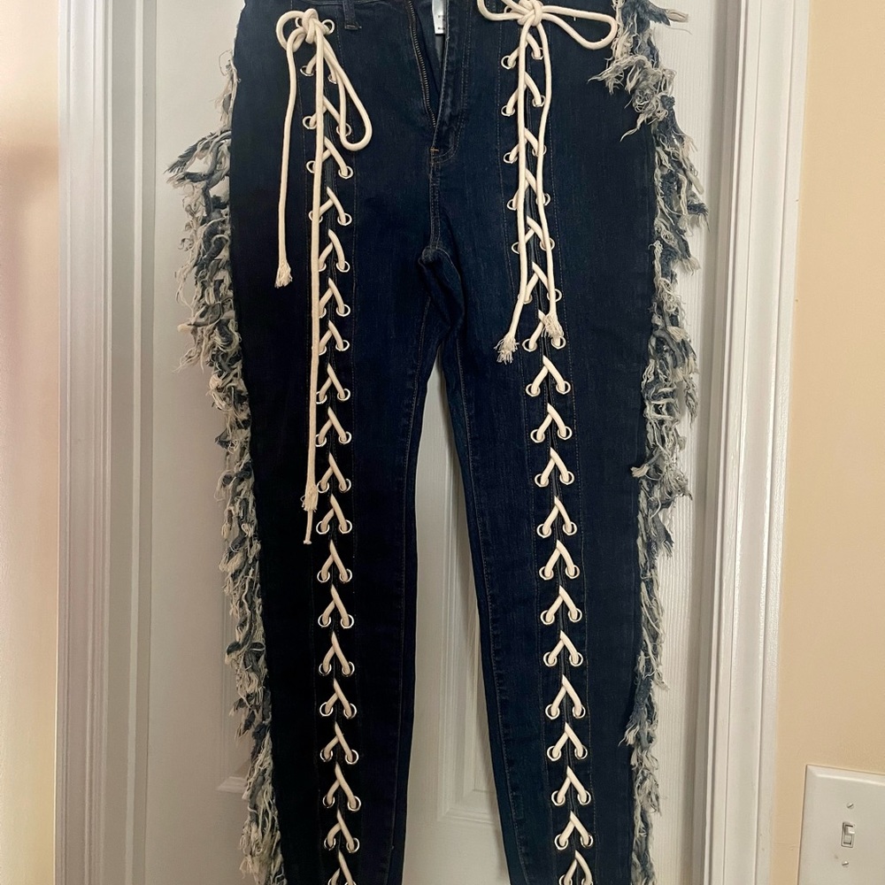 Ripped tie up denim jeans